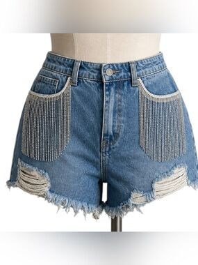 Nature Blue Denim High-Waist Women Medium Shorts Rhinestone Fringe Distressed